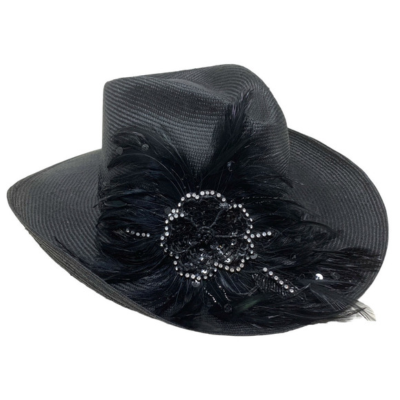 Vintage Joe Bill Miller Straw Cowboy Hat Black Feathers Crystal & Sequin Flower - Picture 1 of 9
